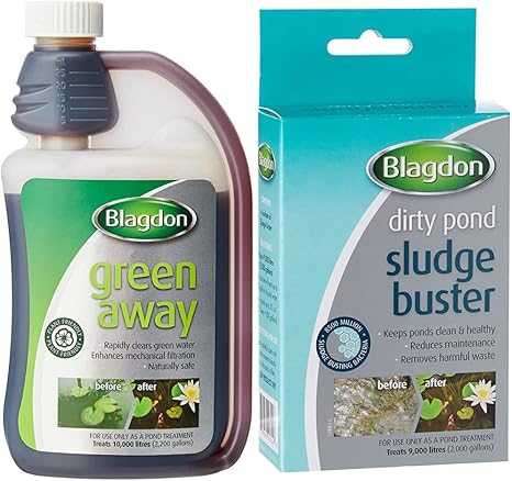 Image Blagdon Green Away for Ponds, Clears Green Water and Algae, 500ml & 2724 Pond Sludgebuster, Digests Harmful Waste, Keeps Pond Clean, 4 x 9g Sachets, Each sachet treats 2,273 Litres Image Blagdon Green Away for Ponds, Clears Green Water and Algae, 500ml & 2724 Pond Sludgebuster, Digests Harmful Waste, Keeps Pond Clean, 4 x 9g Sachets, Each sachet treats 2,273 Litres