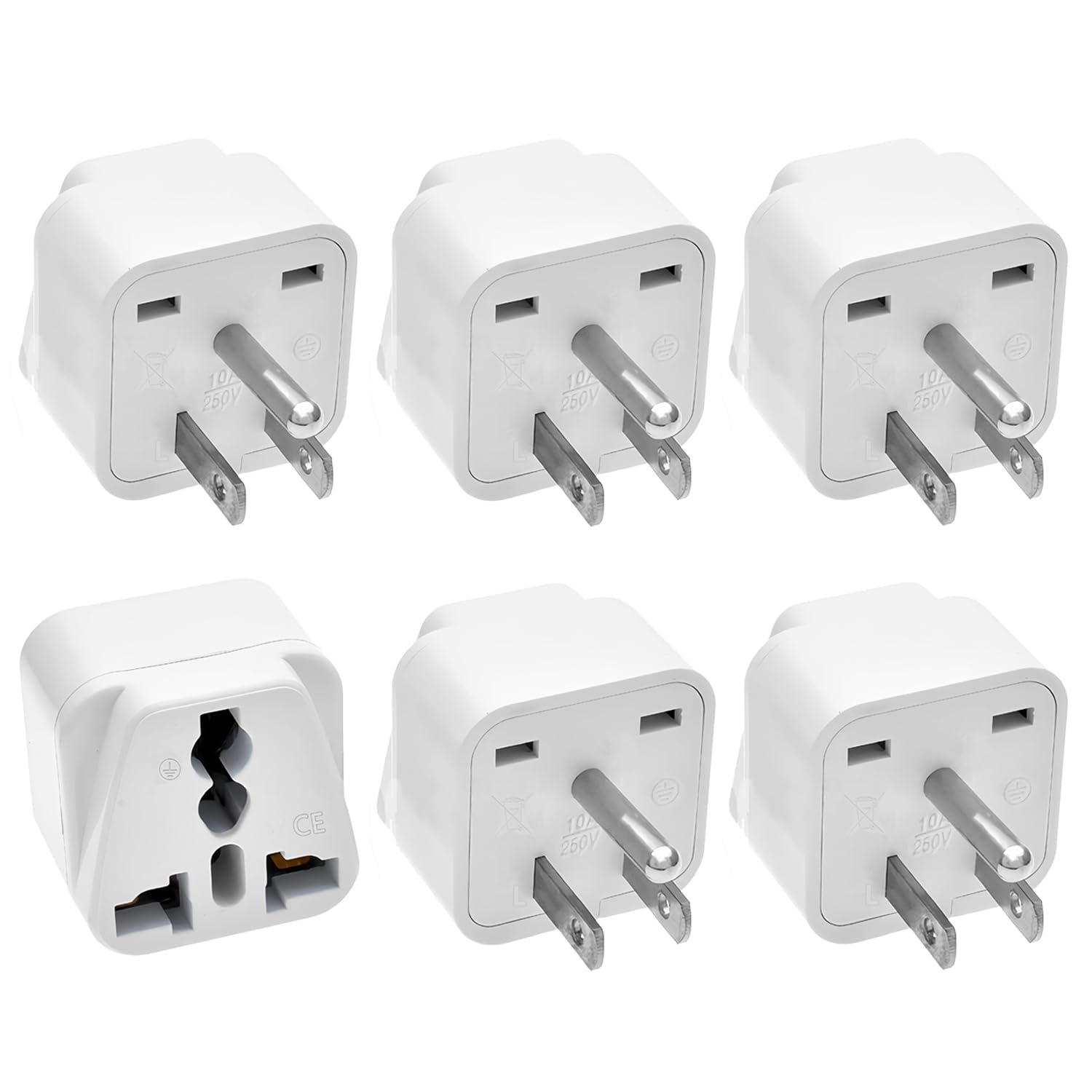 Universal Adapter, Europe to US Plug Travel Adapters, Universal Travel Adapter for USA,Portable and Easy to Use,White,6 Pack