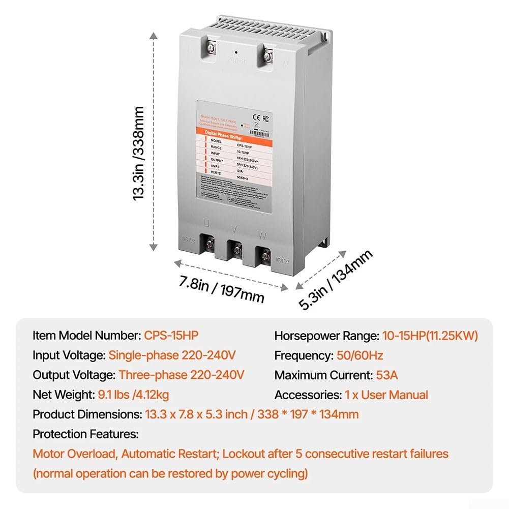 Inverter di fase digitale 15 per HP, 220 V monofase a trifase 220-240 V, convertitore di frequenza 53 A per motori, convertitore compatto 50/60 Hz, facile installazione per officina e commercio