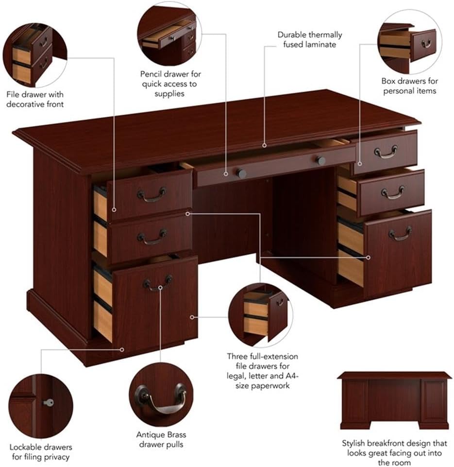 Pemberly Row Contemporary Executive Desk, Harvest Cherry Finish, Thermally Fused Laminate, Lockable Storage Drawers, Antique Brass Accents, Classic Design, Durable Office Desk for Workspace
