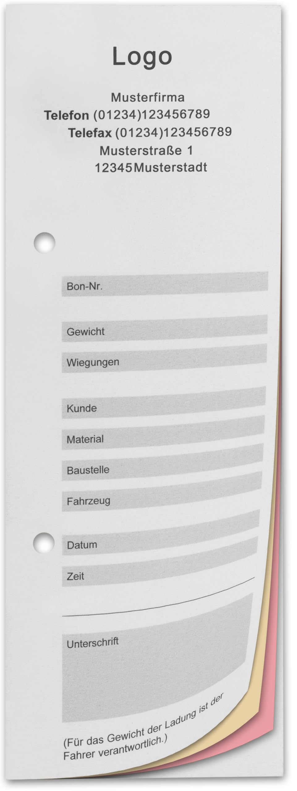 Wiegekarten, 75 x 210 mm, Hochformat, mit Lochung, 3-fach, für Plattformwaagen, mit Firmenaufdruck