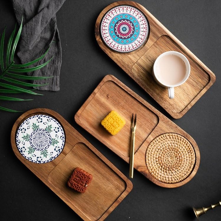 Bandeja de servir de madera maciza retro, diseño chino de extremo norte, ideal para tazas de agua, aperitivos, postres y desayuno, bandeja de almacenamiento decorativa para el hogar y la cocina