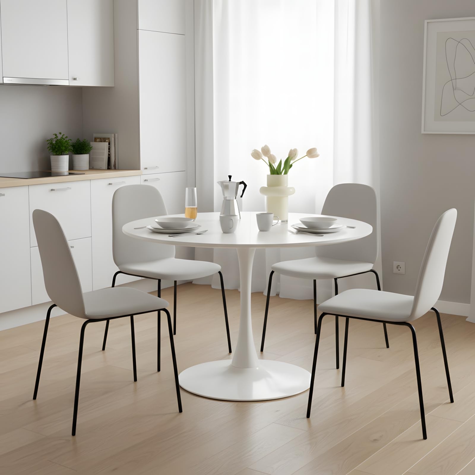 Table de Salle a Manger Ronde Blanche de 110 cm Diametre pour 4 à 6 Personnes, Table Ronde Salle Manger Moderne avec Base en Métal pour Cuisine Salon Restaurant Café Bureau, Blanc