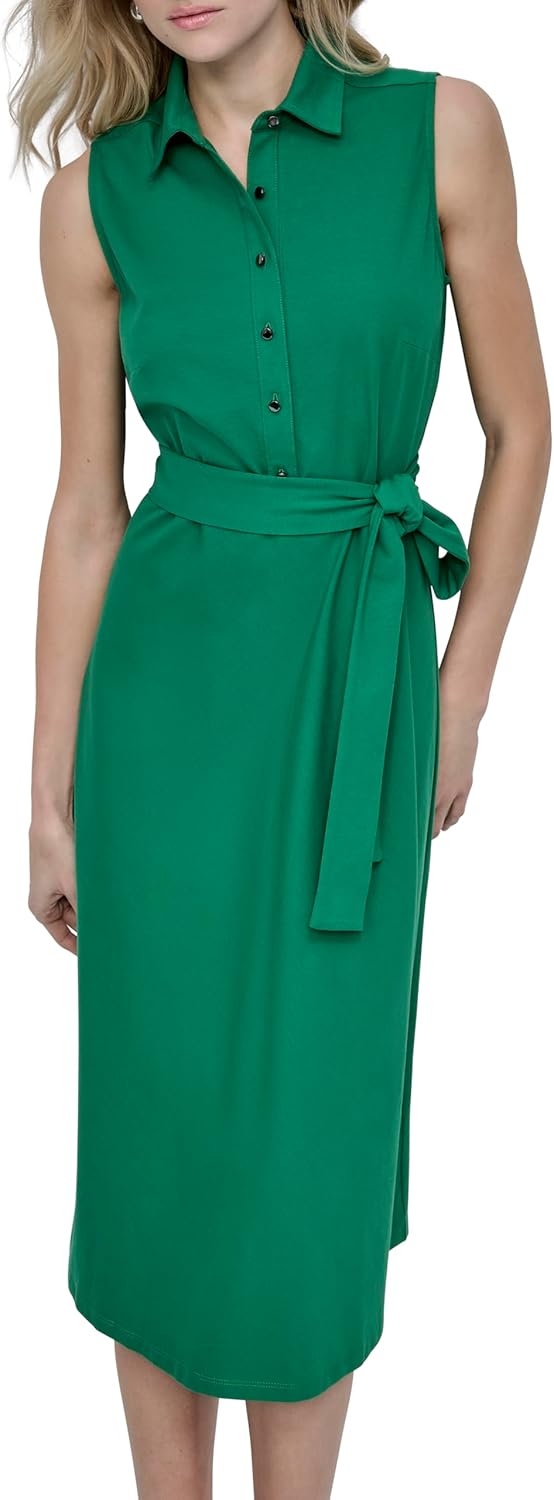 DKNY Womens Sleeveless Collared Neck Belted Midi Dress