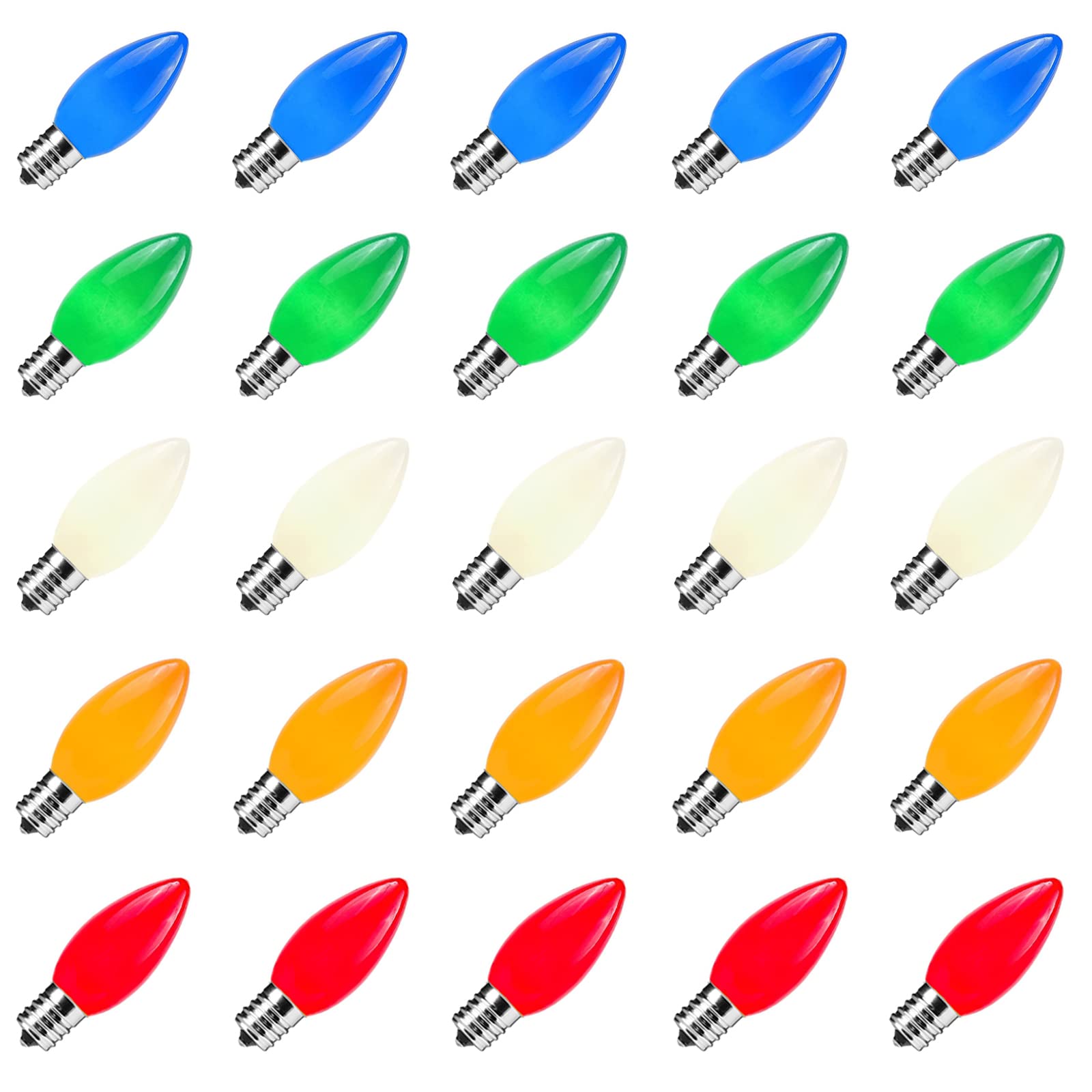 Abeja 25 Pack Multicolor Christmas Lights Replacement Bulbs C9 Vintage Incandescent Ceramic Bulbs E17 Socket Base 7w for Xmas Holiday String Lights Outdoor Indoor Party Decorations
