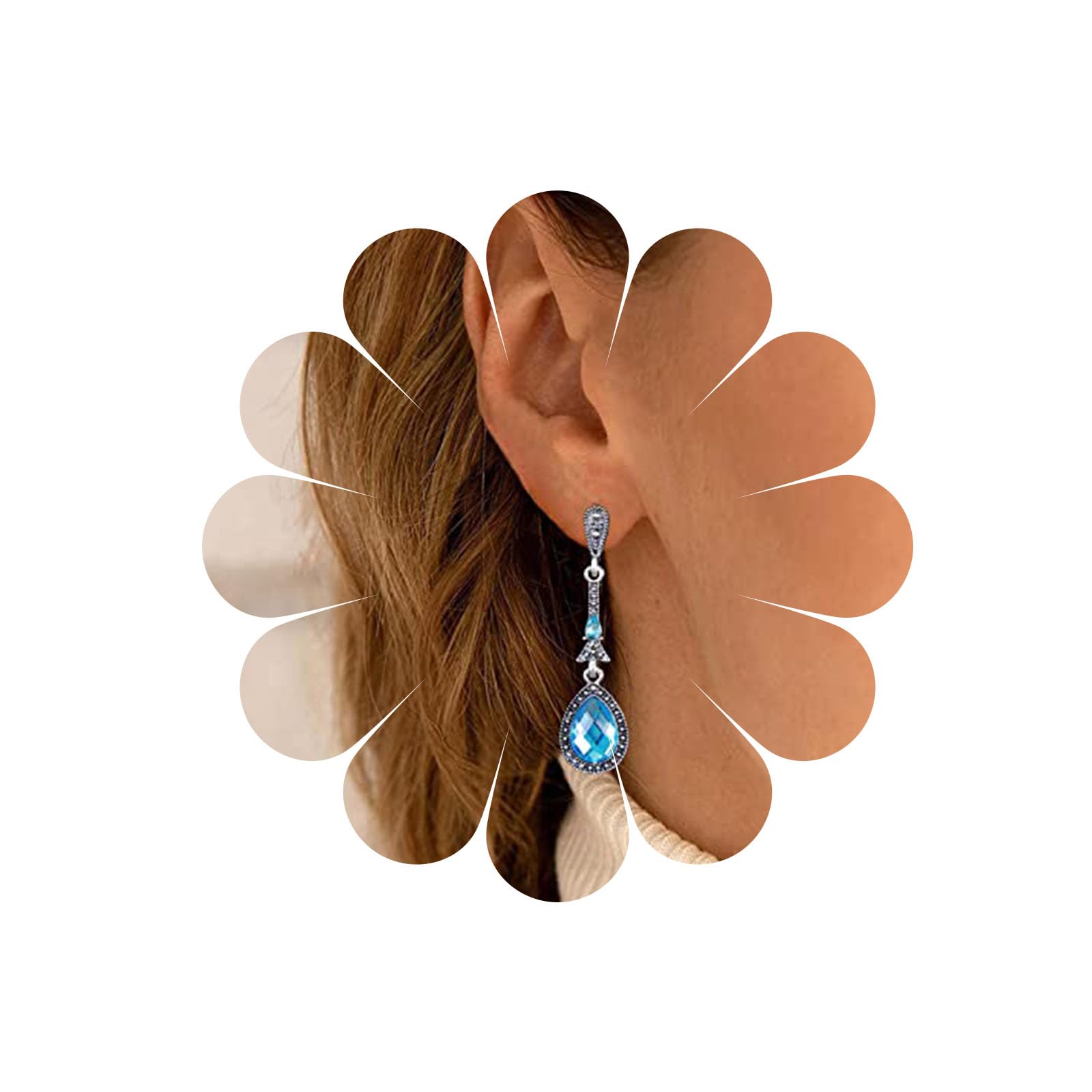 AllereyaeVintage Teardrop Blue Crystal Drop Earrings Rhinestone Celestite Stud Earrings Blue Topaz Dangle Earrings Blue Sapphire Earrings Cz Wedding Bridal Earrings Jewelry for Women and Girls