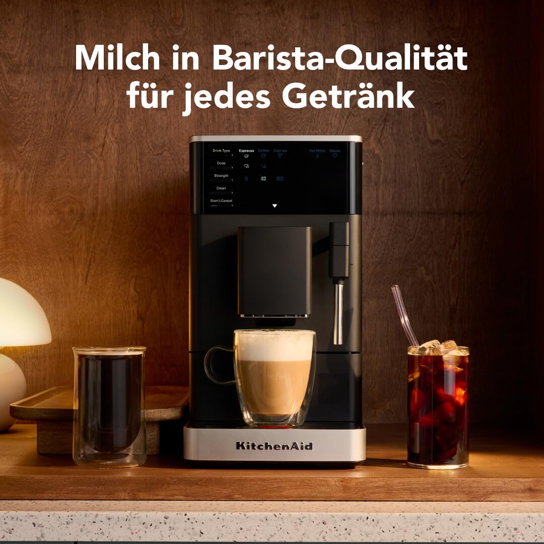 KitchenAid KF2 Kaffeevollautomat 5KES8452 mit Iced Coffee-Funktion, IntelliGrind-Mahlwerk, Panarello-Dampfdüse, LED-Display, 15-18 Bar, Matt Schwarz | Iced Coffee-Funktion, IntelliGrind-Mahlwerk, Panarello-Dampfdüse, LED-Display, 15-18 Bar