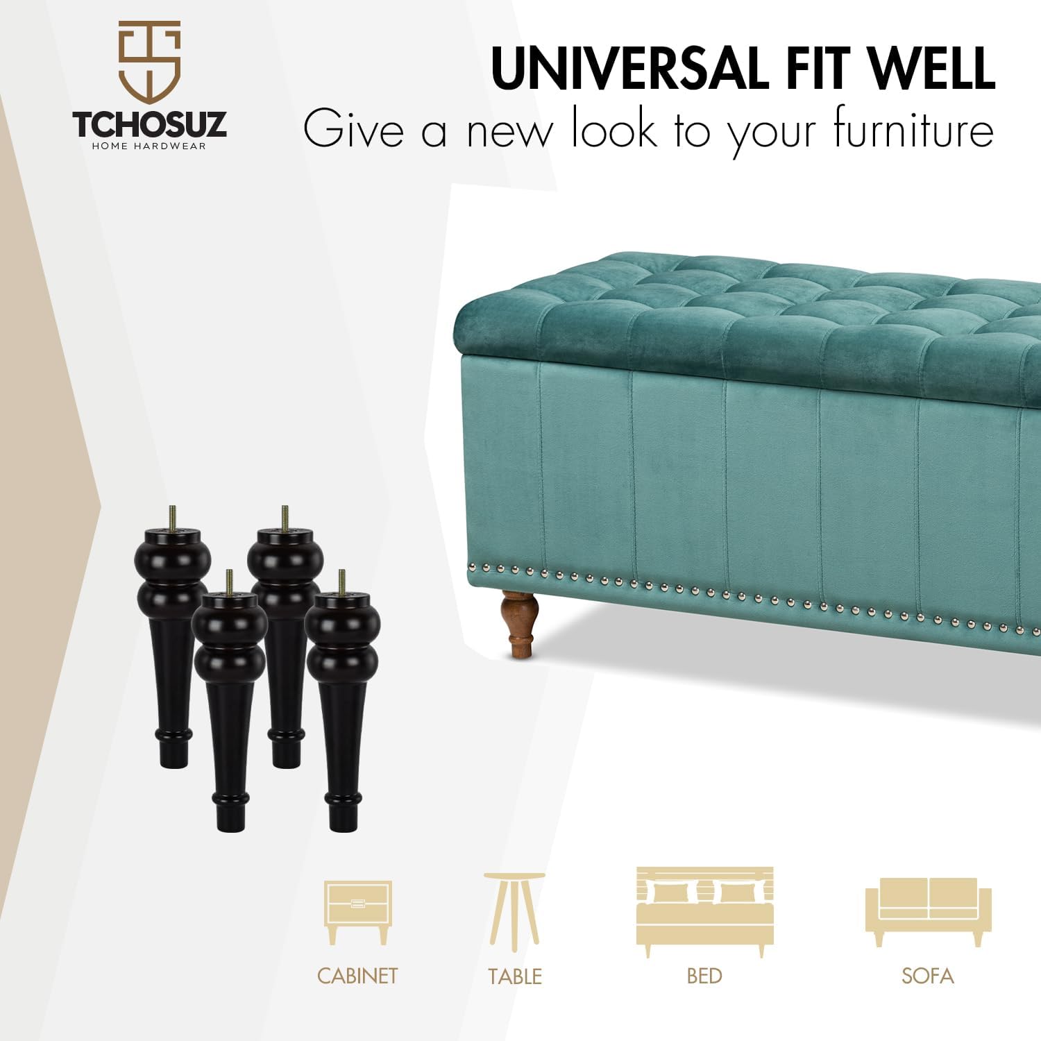 10 inch / 24cm Wooden Furniture Legs, Pack of 4 Walnut Solid Wood Turned DIY Replacement Bun Feet with M8 Hanger Bolts & T-Nuts or Sofa Couch Cabinet Recliner Ottoman Riser