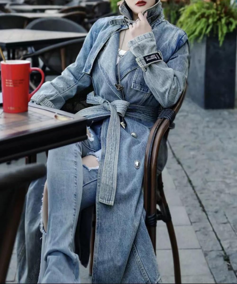 Women's Vintage Notched Lapel Denim Trench Coat Double Breasted Long Jean Jacket Belted Overcoat