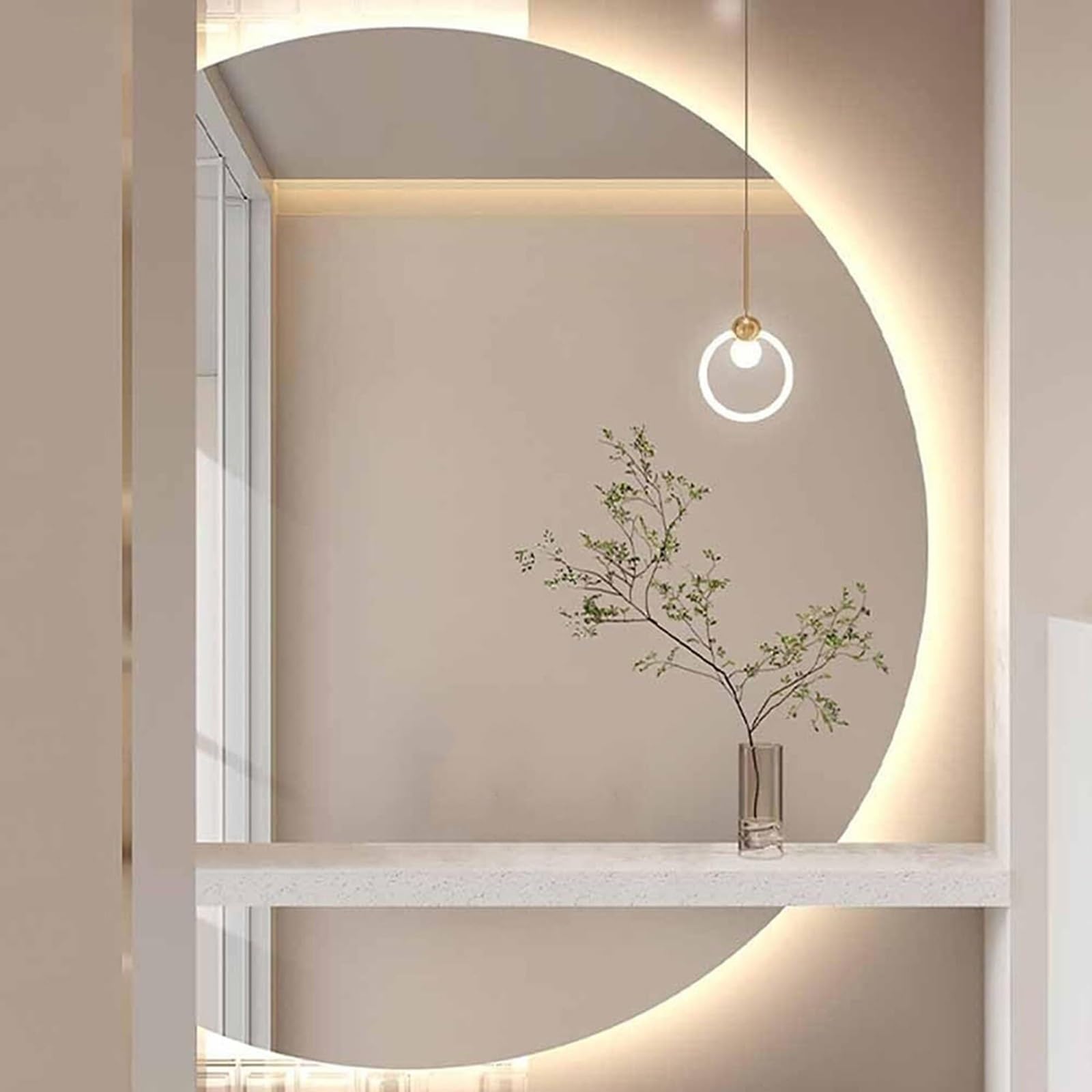 SXFSDOU 3-Color Dimmable Modern Bathroom Mirror 39x28in, 47x32in Half Moon Backlit Full Length with Defogger Touch Control for Home Decor(Left Cut,100x70cm/39x28in)