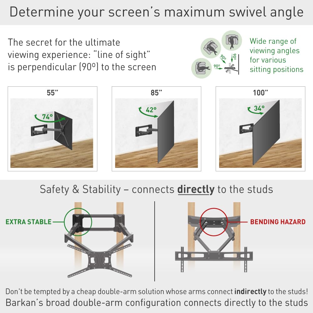 Barkan Soporte TV de Pared 70cm de Largo Brazo Doble, Inclinable y Giratorio, Articulado, para Pantallas de 55-100 Pulgadas, Peso máximo 70Kg, Extra Estable, para LED OLED LCD, hasta VESA 800x600