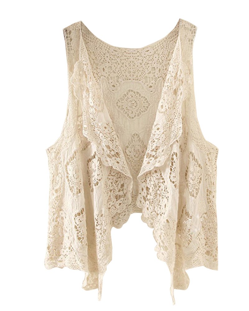 Laozan Women's Beige Open Stitch Cardigan Boho Hippie Butterfly Crochet Vest