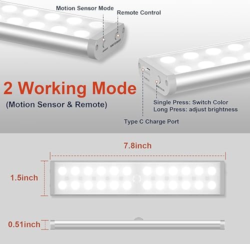 Miniatura 10 de 58 luces LED para debajo del gabinete, luz recargable con sensor de movimiento RGB para interiores con control remoto, paquete de 2 luces