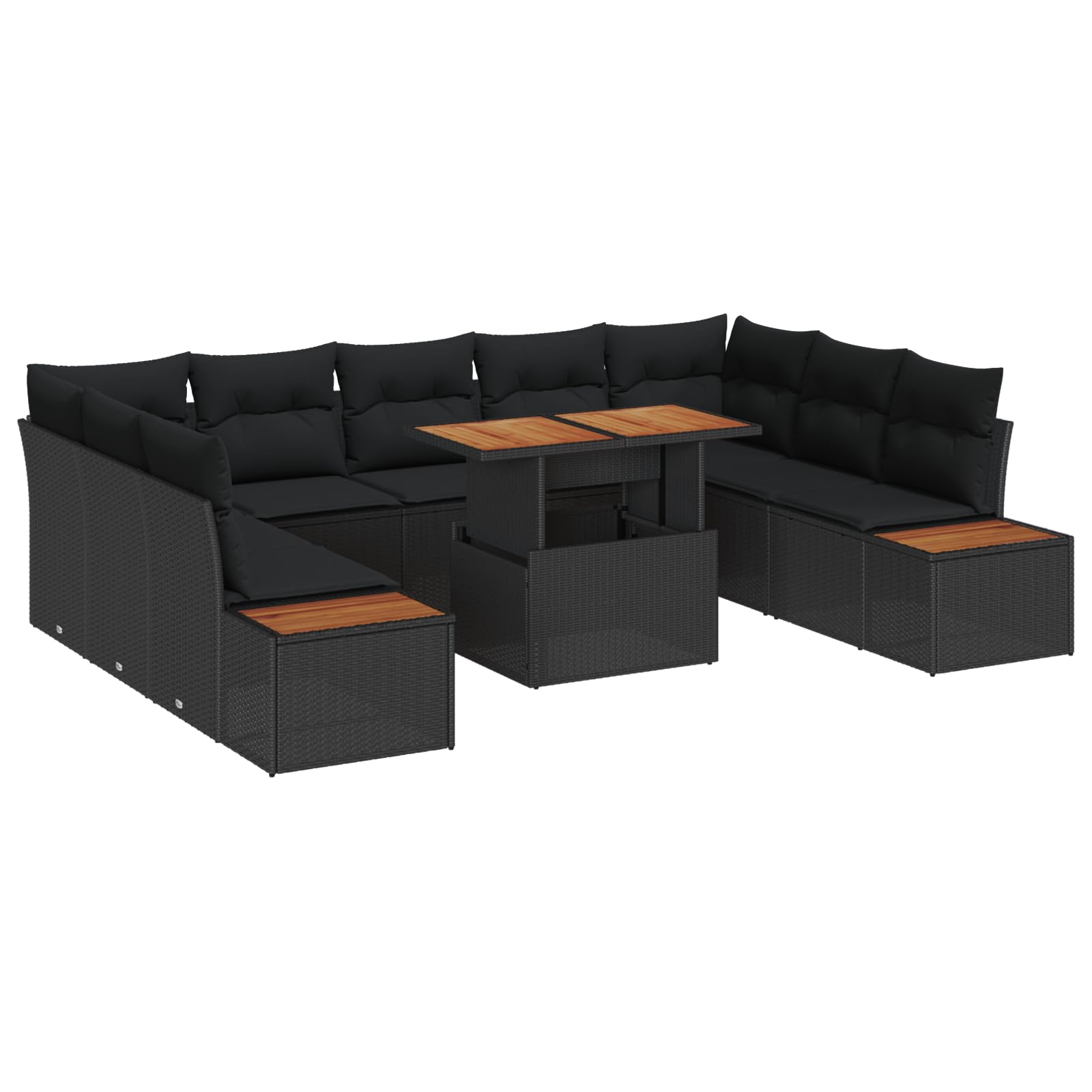 6-częściowy zestaw mebli ogrodowych z poduszkami, czarny polirattan, modułowe meble outdoorowe na taras i balkon, odporny na warunki atmosferyczne, ręcznie tkany rattanowy design z wygodnymi