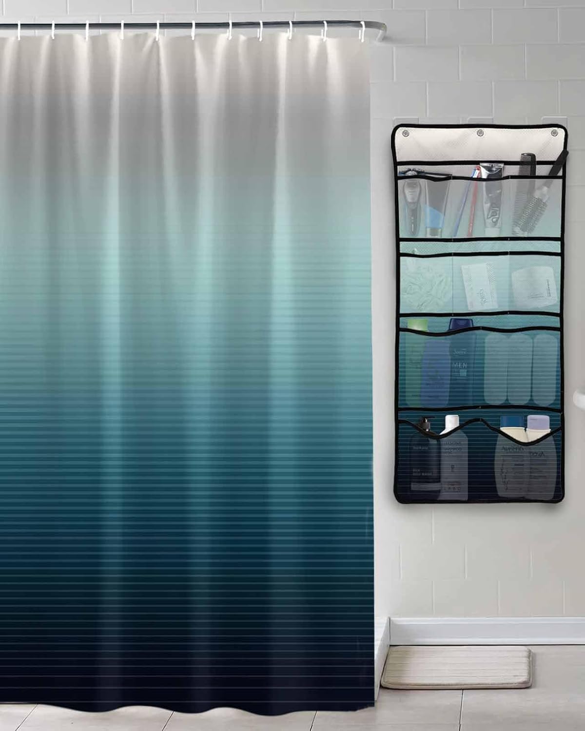 Shower Curtain Mesh Shower Organizer Hanging Set Grey Turquoise Stripe Gradient Waterproof Shower Curtains with 10 Pockets Quick