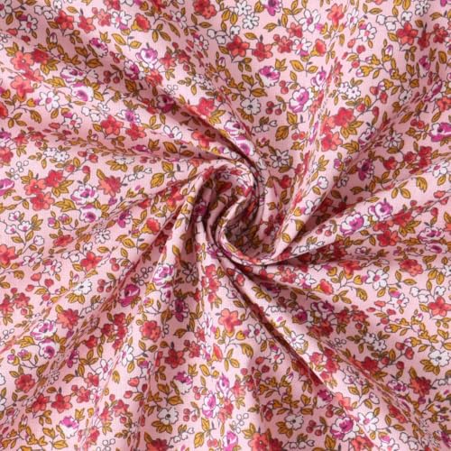 Tissu Coton Cretonne Léonie petites fleurs Rouges sur fond Rose - Par 50 cm