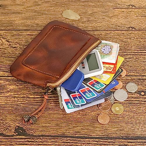 Brown Vintage Leather Coin Purse, Unisex-Adult, Oval, Zipper Closure, External Card Slot, 4.52 x 3.15 x 0.39 inches4