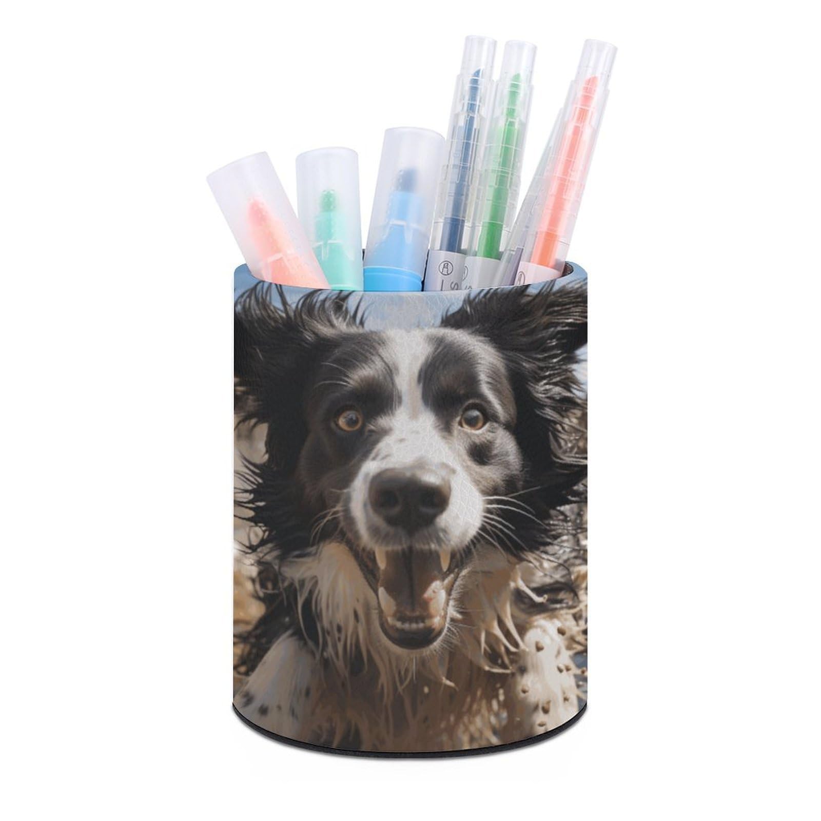 DWVTSLH Aesthetic Pen Holder for Desk - Modern Leather Pencil Holder - Stylish Round Makeup Brush Holder - Pastor Border Collie Pen Cup Cute And Functional Desk Organizer for Office Supplies