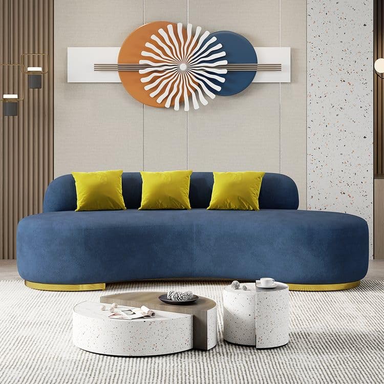 Image of LEGACY OF COMFORT Tara Upholstered Curved Sofa Living Room Set 3 Seater Sofa with 2 Chairs (Blue)