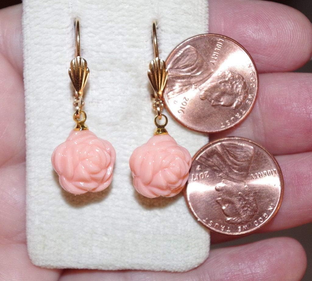 VINTAGE 14K GF ANGEL SKIN PINK ROSE MOLDED 14MM CORAL LEVERBACK EARRINGS D