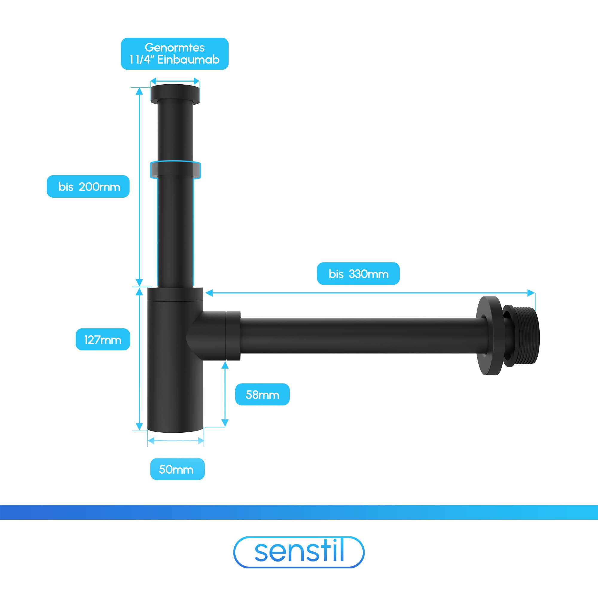 Design Siphon für Waschbecken & Waschtisch - Massives Messing - Geruchsverschluss Matt Schwarz 2er-Set