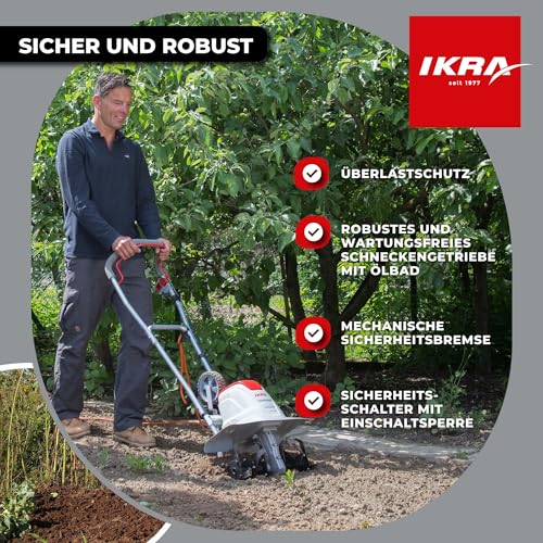 IKRA Elektro Bodenhacke FEM 1500, DREI Arbeitsbreiten 17, 30 & 45cm, Arbeitstiefe 23cm, Starke 1500W, inkl. Häufelpflug