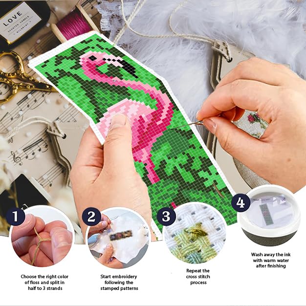 Image of INFUNLY 6PCS Flamingo Cross Stitch Bookmarks Kit Pink Handmade Cross Stitch Bookmarks Make Time to Read DIY Cross Stitch Bookmark Set with Backing Felt Floss Instruction for Adult Book Lovers