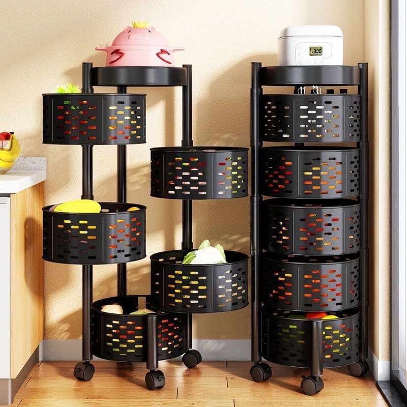 5-Tier Round Kitchen Storage Rack–Carbon Steel Space-Saving Organizer for Pantry, Fruits & Vegetables | 360° Rotating Shelves, Durable & Rust-Resistant | Multi-Purpose Shelf for Kitchen & Home - Image 3