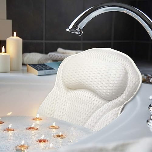 AmazeFan Almohada de baño de lujo, almohada ergonómica para bañera y spa con tecnología de malla de aire 4D y 6 ventosas, ayuda a apoyar la cabeza,