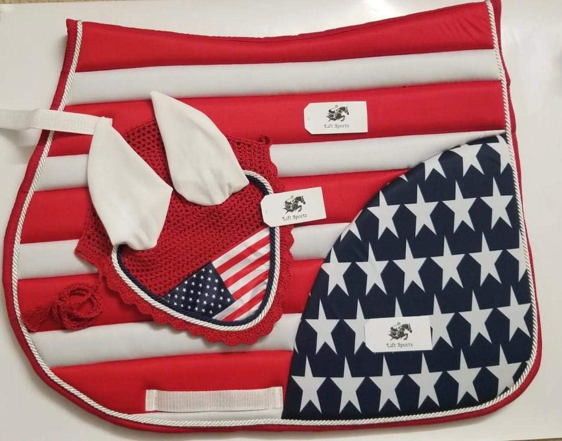 USA American Flag English Saddle Pad with Matching Fly Bonnet Ear Net Mask Polyester Hand Made Crochet Mask Hood Cotton Fly Veil Flies Bug Protection