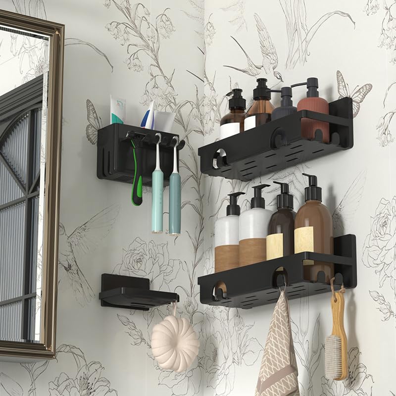 Shower Caddy Adhesive Shower Caddy with Hooks No Drill Bathroom Organizer Kitchen Spice Rack 4-Pack Black