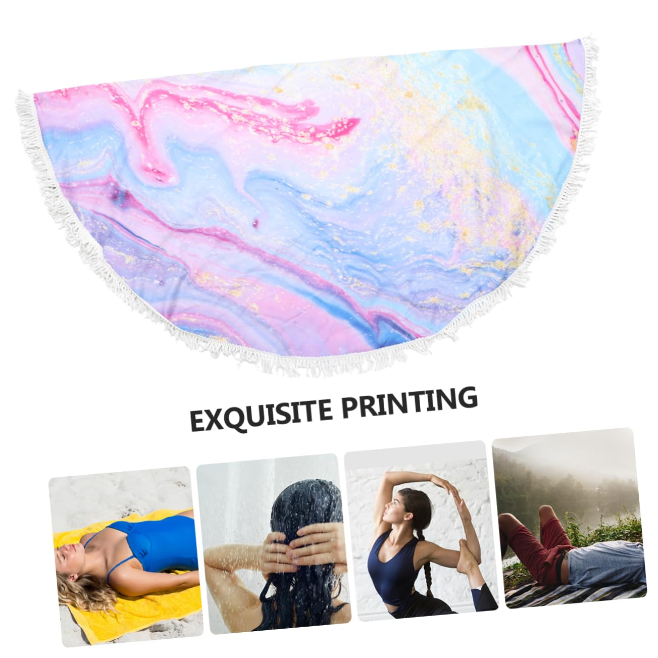 Amosfun Telo Mare Rotondo 150cm in Poliestere con Nappe, Stampa Marmo