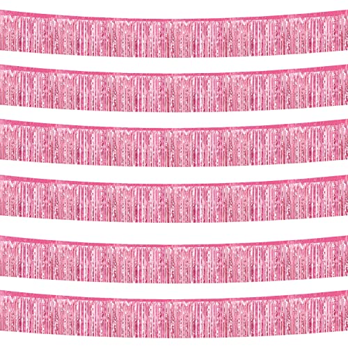 Image of 6 Pack 10 Feet Foil Fringe Garland Metallic Tinsel Streamers Banner Wall Hanging Curtain Backdrop Banner for Parade Floats, Thanksgiving, Christmas, Birthday, Halloween Party Decorations(Pink)