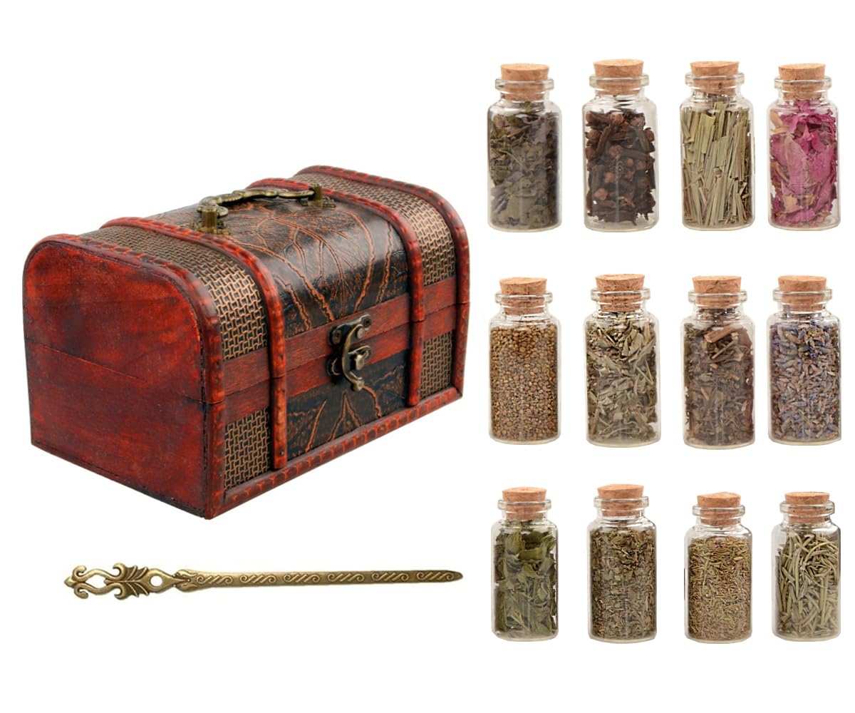 12 Bottles of Magical Herb with Vintage Box for Wicca, Pagan and Wiccan Rituals, Altar Supplies, Magic Spells and More