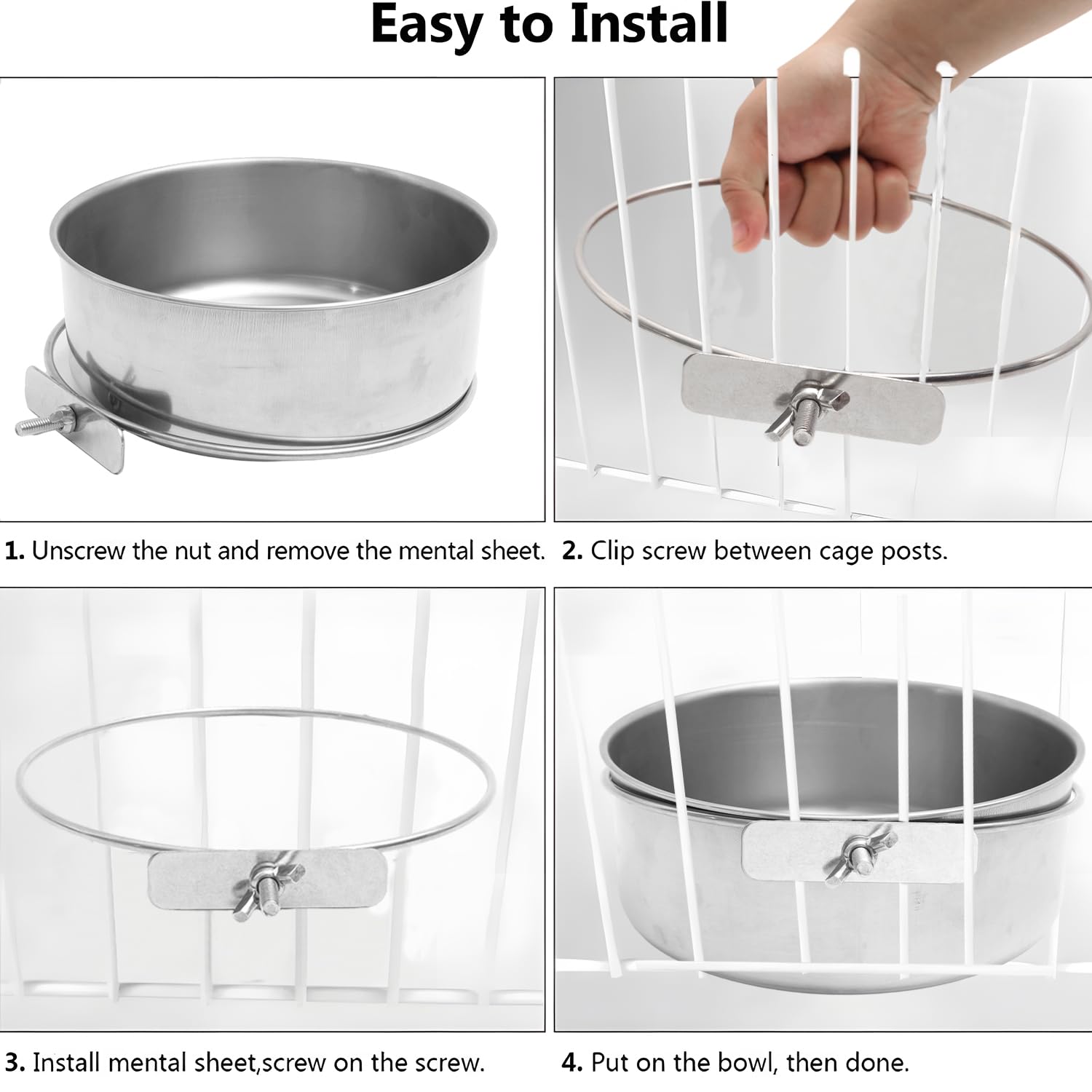 Parrot Feeding Cups Birds Food Dish Stainless Steel Parrot Feeders Water Cage Bowls with Clamp Holder for Cockatiel Small Animal Chinchilla (Silver, 10x10x4.5cm) - image 5