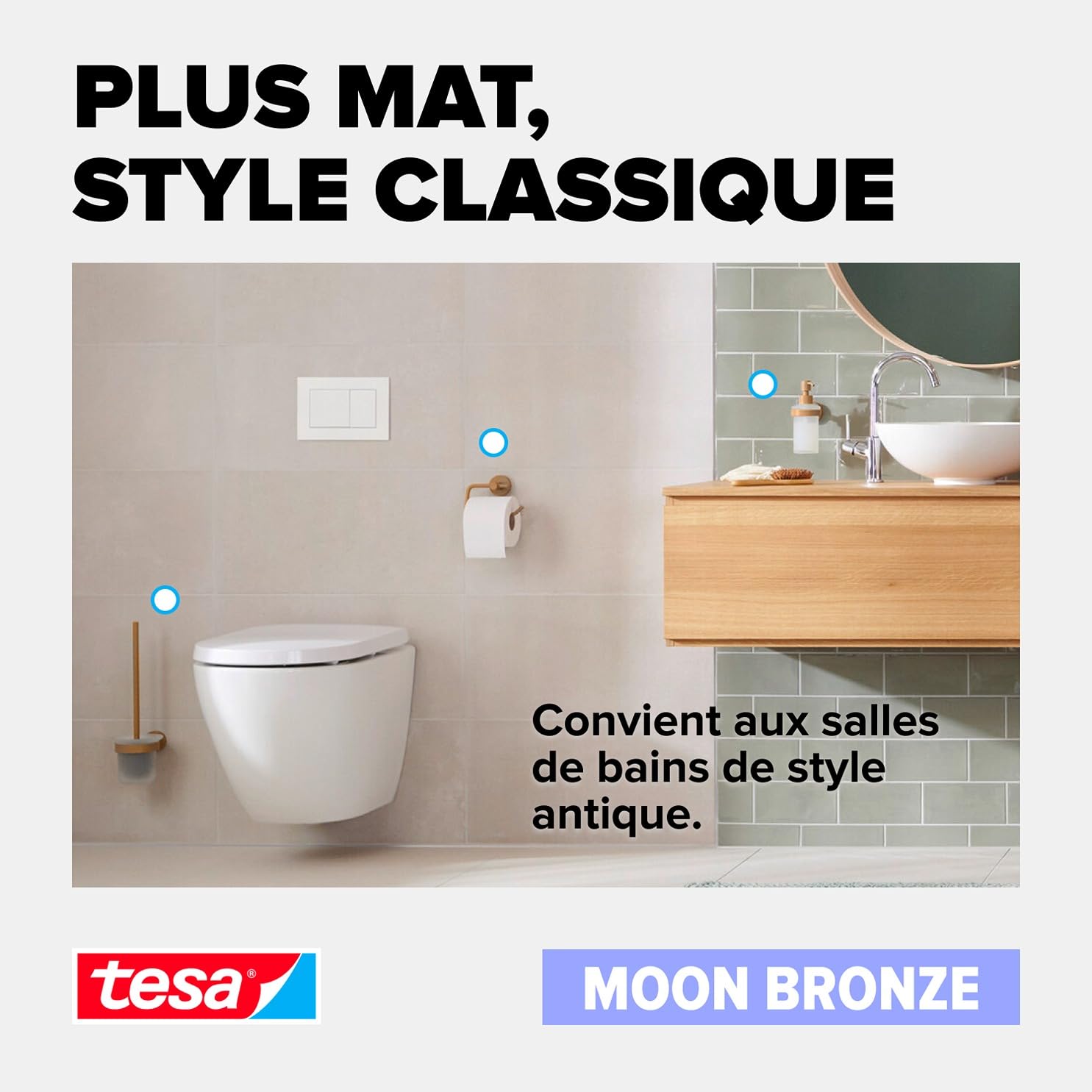 tesa Moon Double Porte Serviettes en Bronze Brossé - Porte Serviettes Autocollant à 2 Tiges en Métal, Revêtement PVD - sans Perçage avec Solution Adhésive - 112 mm x 640 mm x 50 mm