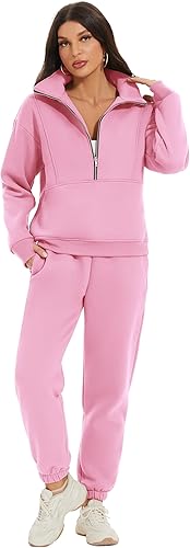 Miniatura 7 de COZYPOIN Conjunto deportivo de dos piezas de forro polar para mujer con media cremallera y pantalones deportivos