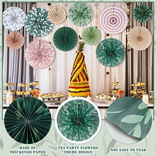 Image of Thenshop 12 Pcs Sage Green Hanging Paper Fans Boho Hanging Ceiling Decoration Vintage Floral Round Paper Fans Garden Themed Party Decor for Tea Party Wedding Garden Bridal Birthday Indoor Outdoor