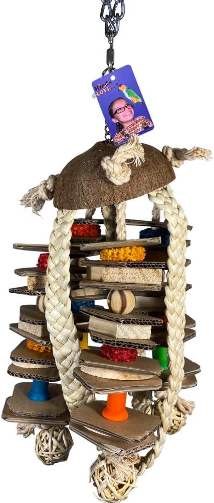 Birds LOVE Coconut and Braids Parrot Toy for Medium Birds to Chew, Hang & Trim Beaks, 15 inches Long