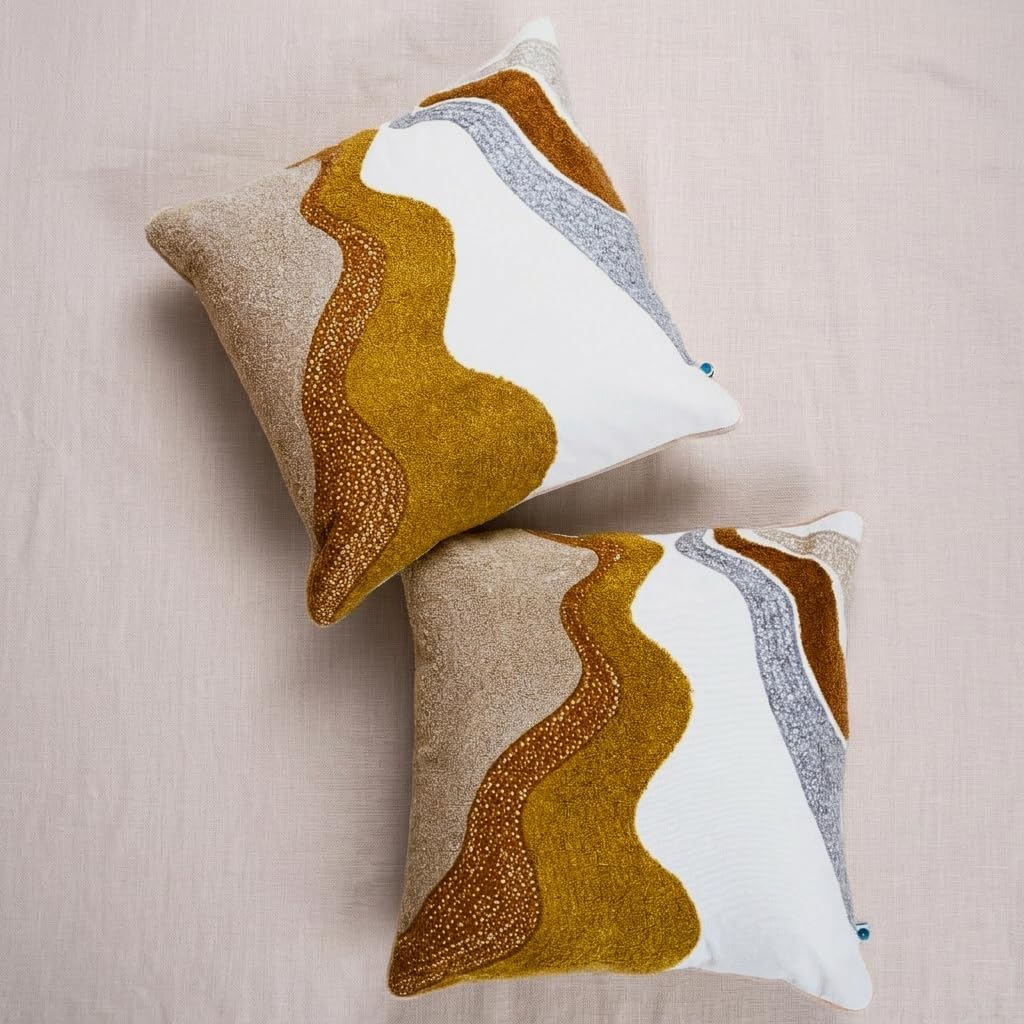 FINGERCRAFT Decorative Throw Pillow Cover Pack of 2 Soft Cotton Embroidered Cushion Cover, Bed Couch Sofa Living Room Pillow Case 18 X 18 Inch Earth Wave