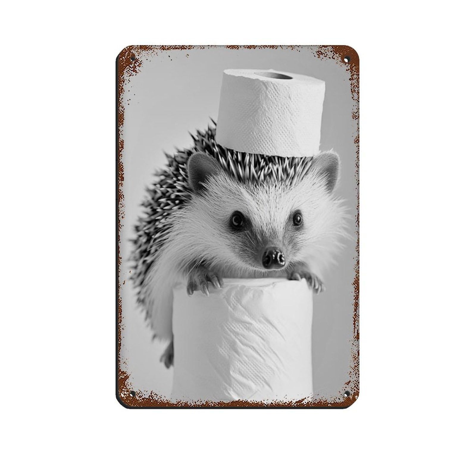 Hedgehog with A Toilet Paper Roll on Head Retro Poster Metal Tin Sign Chic Art Retro Iron Painting Bar People Cave Cafe Family Garage Poster Wall Decoration 8x12inch(20x30cm)