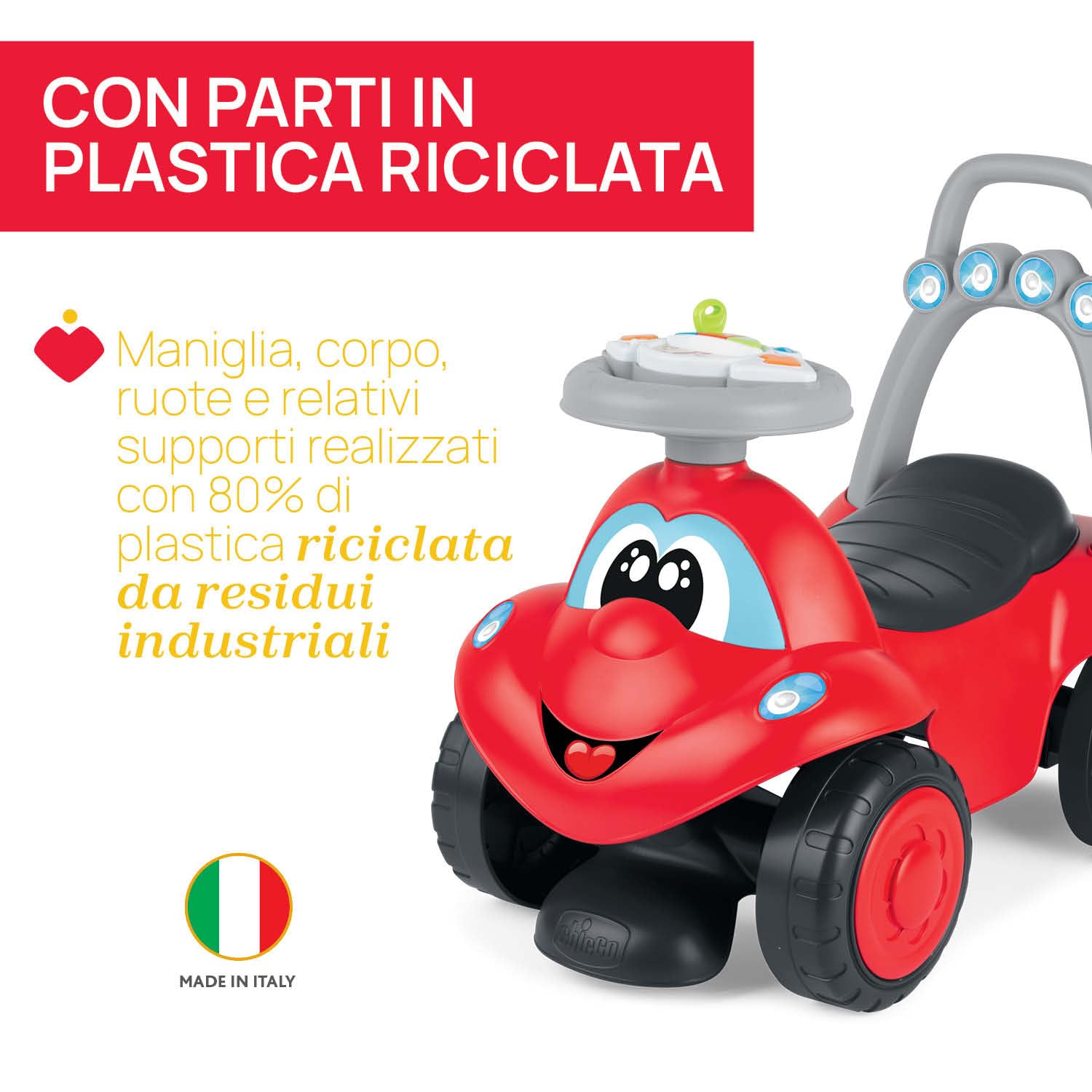 Chicco Billy Walk&Ride Eco+, Primi Passi, Girello e Cavalcabile, Assemblaggio Semplice, Manubrio Ergonomico, Ruote Larghe, Con Suoni e Luci di Guida, in Plastica Riciclata, Bambini 12-36 Mesi, Rosso