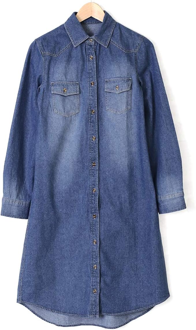 Amazon Co Jp レディース ダンガリー シャツワンピース 長袖 デニム ワンピース 服 ファッション小物