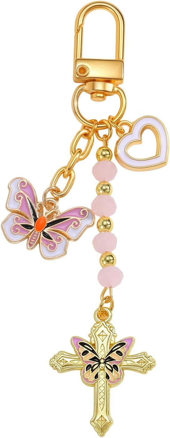 Cross Keychain Heart Butterfly Bag Charm Key Chain Accessories for Women Car Key Ring Bag Purse