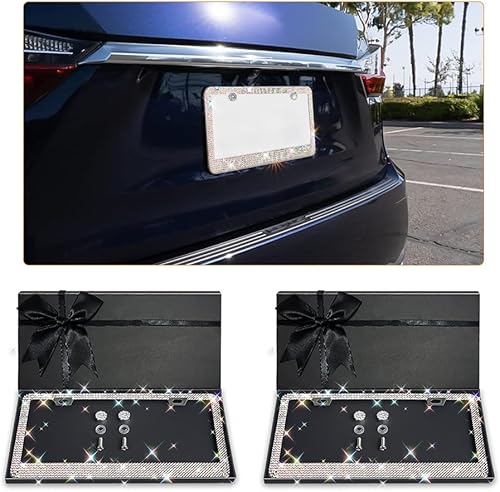 Ziciner Marco de matrícula con diamantes de imitación brillantes, soporte para placa de matrícula con cristales deslumbrantes, acero inoxidable