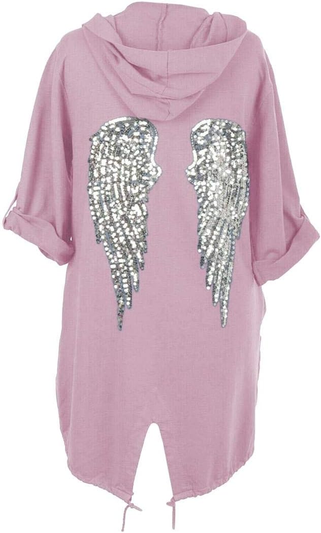 New Ladies Sequin Angel Wings Back Baggy Oversized Hoodie Sweatshirt Cardigan Jacket