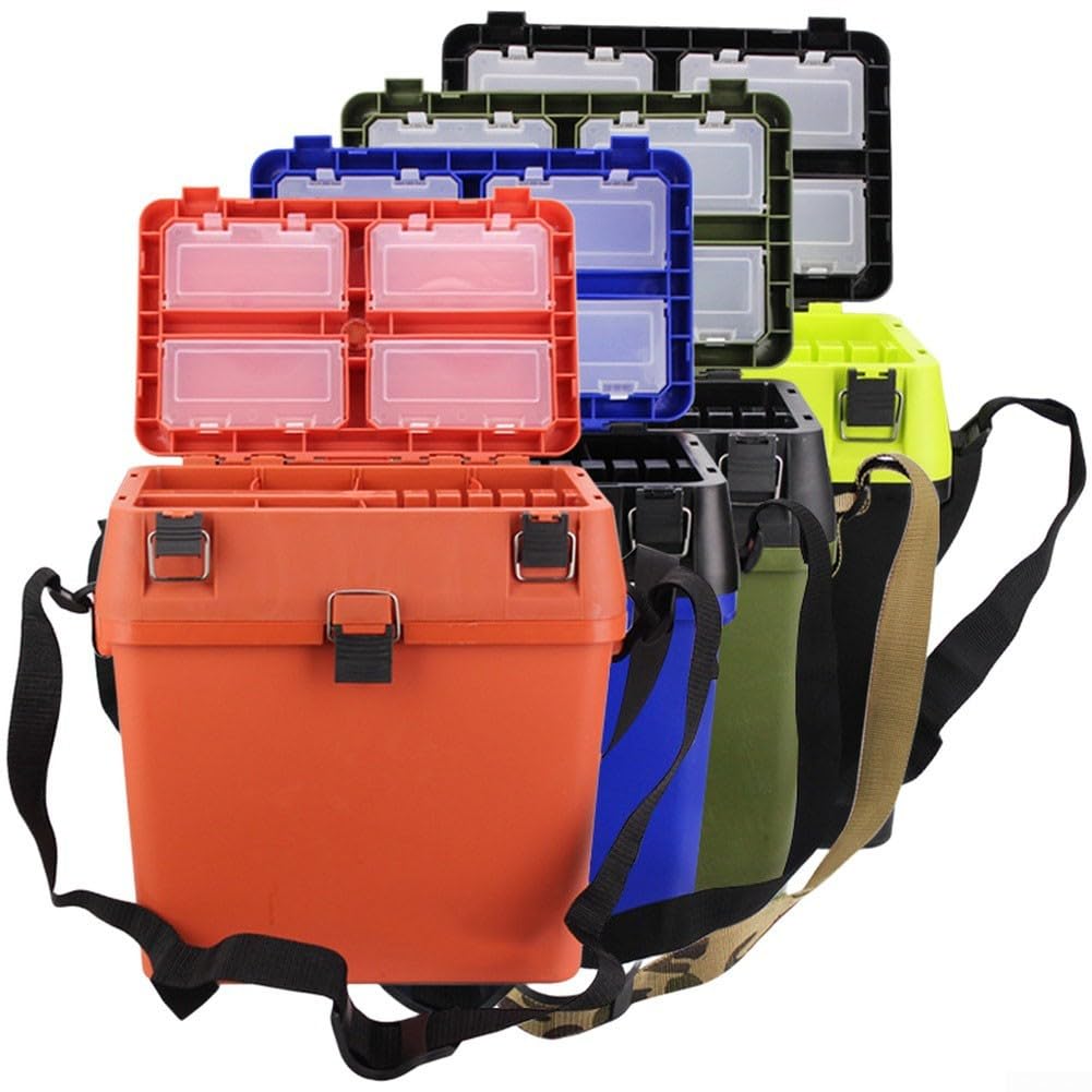 Caja de aparejos de pesca con correa de hombro ajustable, mochila de almacenamiento multicapa para equipo, 4 bandejas de accesorios y cubo inferior, caja de herramientas de asiento portátil para