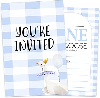 VIVORA 1st Birthday Invitation Card for Boys Girls, Blue Silly One Goose Themed Birthday Party Invites, 30 Cards & 30 Envelopes, 4x6 Inches, Double-Sided