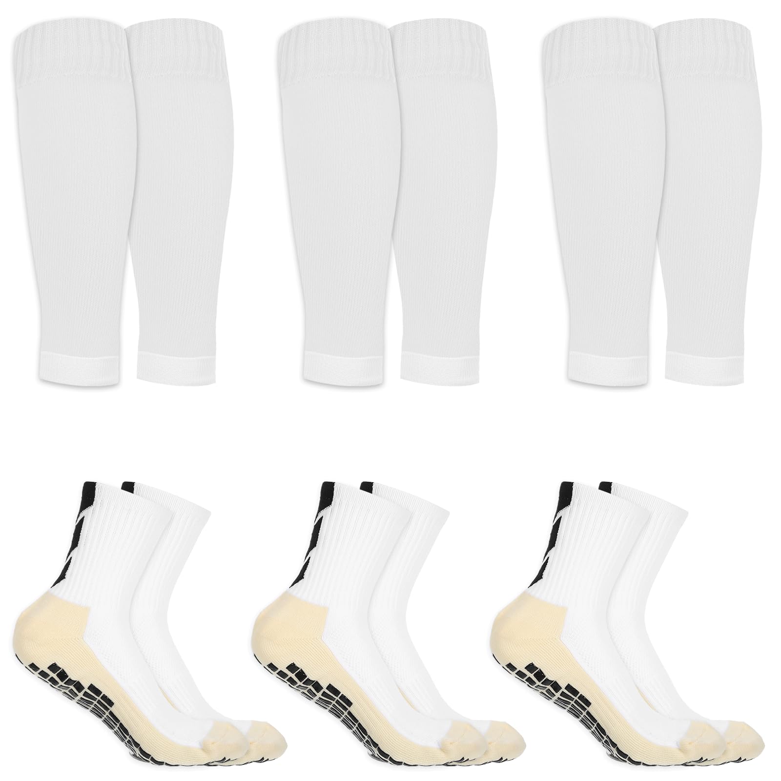 Yuuchoringee 3 Pairs White Grip Socks Football with Football Sock Sleeves – Non-Slip Soccer Socks and Footless Sock Sleeves for Sports, Perfect for Soccer, Basketball, and Running