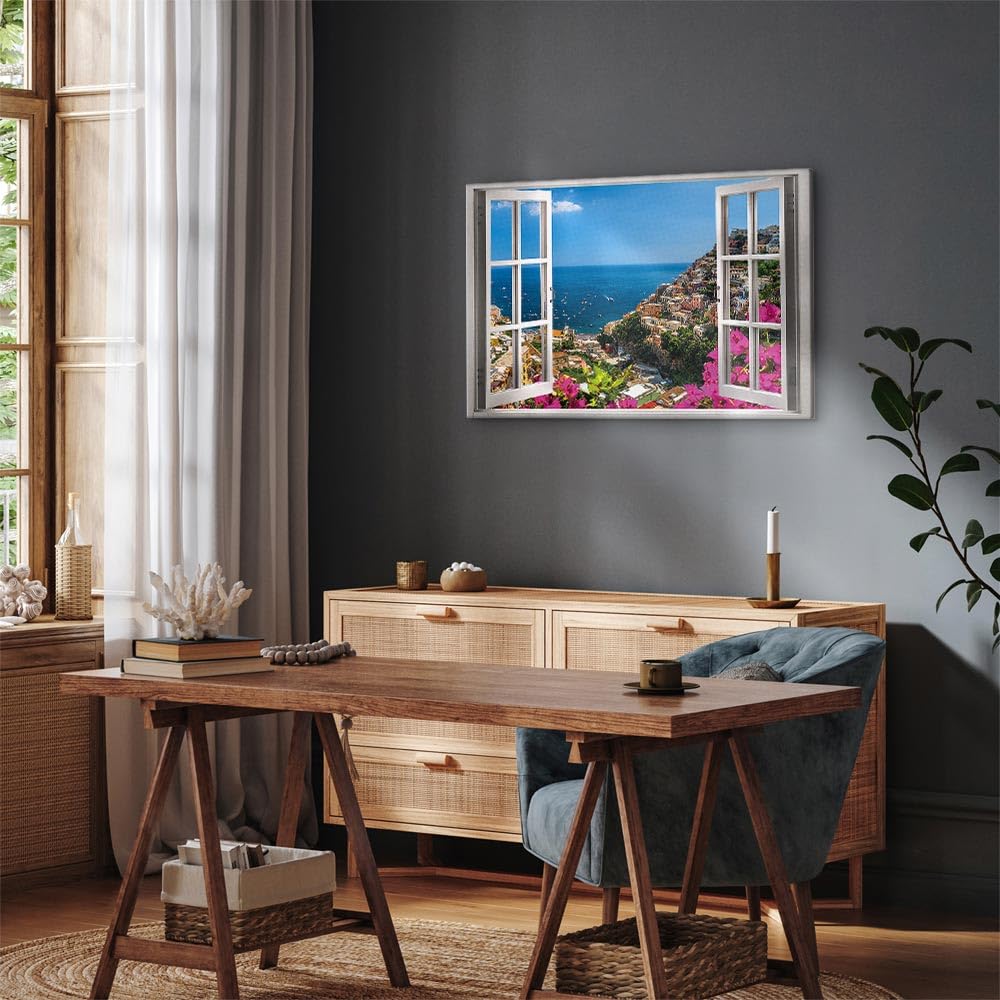 murando - Quadro Finestra Sul Mare 120x80 cm 1 Pezzo - Stampa su Tela Strutturata XXL - Quadri Moderni Soggiorno Grandi - Stampe da Parete Moderno Pittura - I Paesaggi dell'italia d-C-0227-b-a